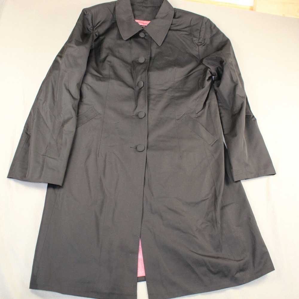 My Flat In London Trench Coat Black Pink Jacquard Lining L NWT Jan Haedrich Rare